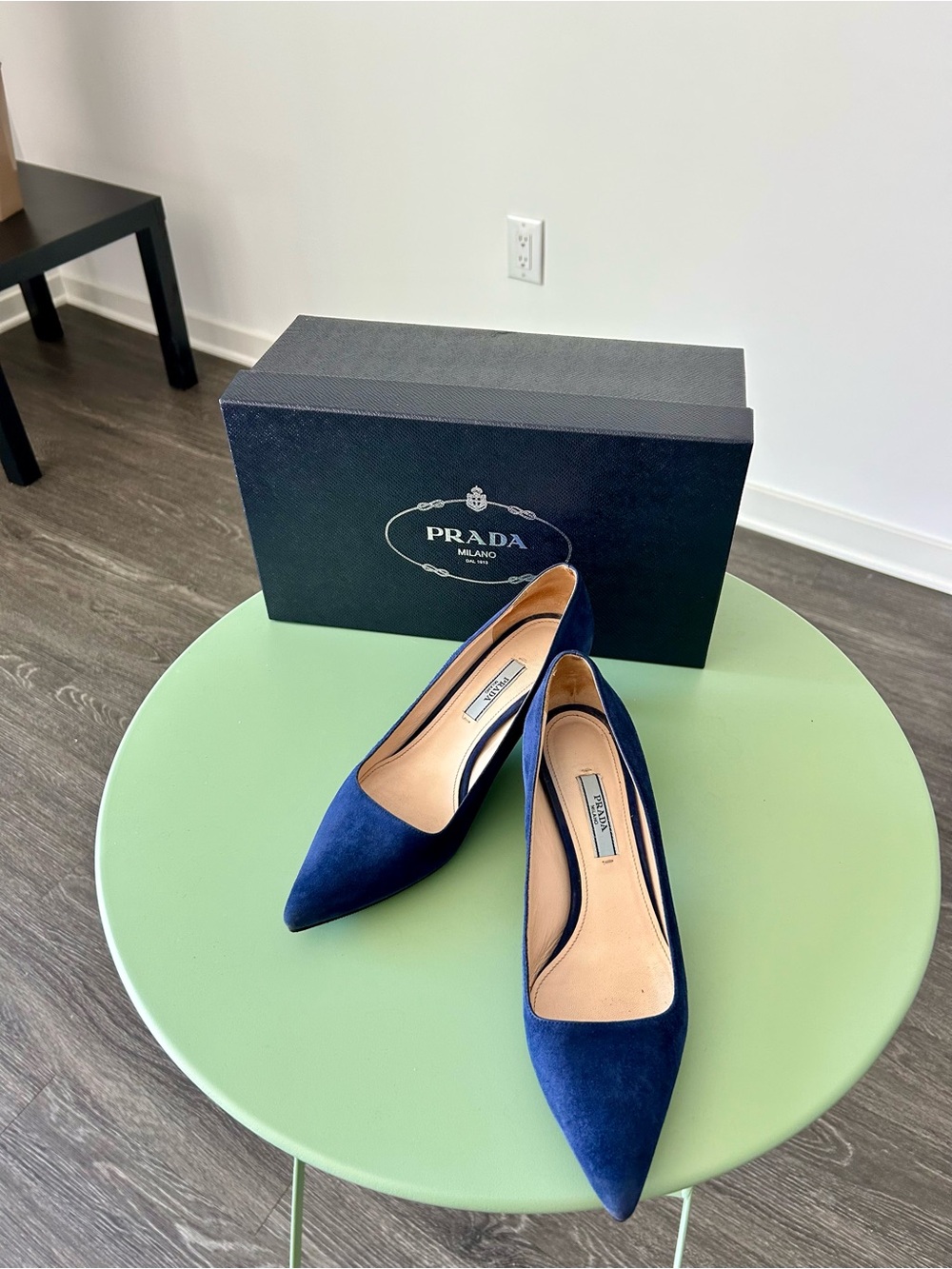 Prada Royal Blue Suede Kitten heels. new sole protector and heel. Made in Italy.